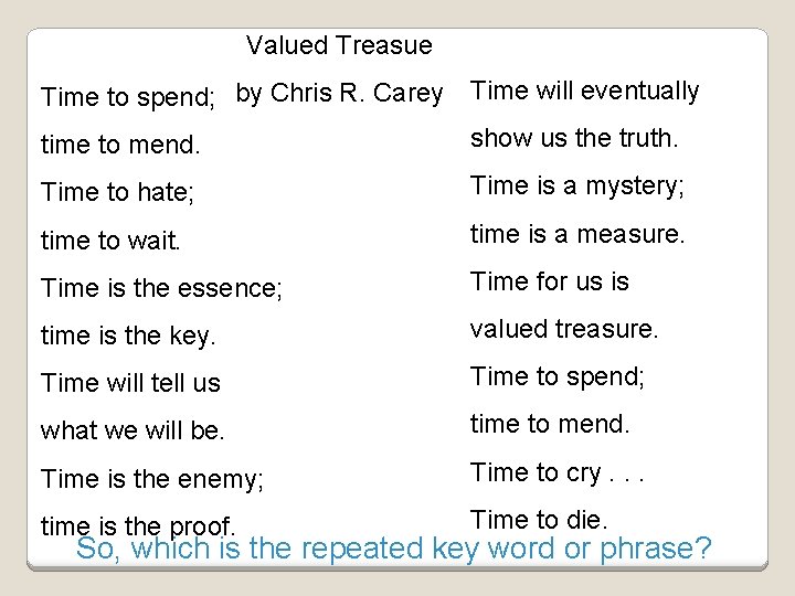 Valued Treasue Time to spend; by Chris R. Carey Time will eventually time to