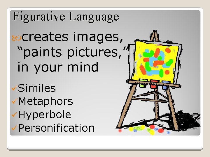 Figurative Language creates images, “paints pictures, ” in your mind üSimiles üMetaphors üHyperbole üPersonification
