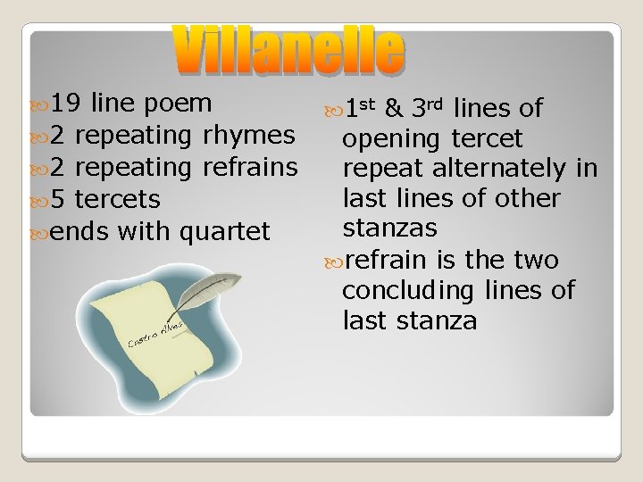  19 Villanelle line poem 2 repeating rhymes 2 repeating refrains 5 tercets ends