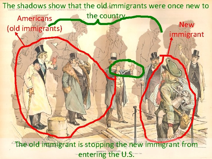 The shadows show that the old immigrants were once new to the country Americans