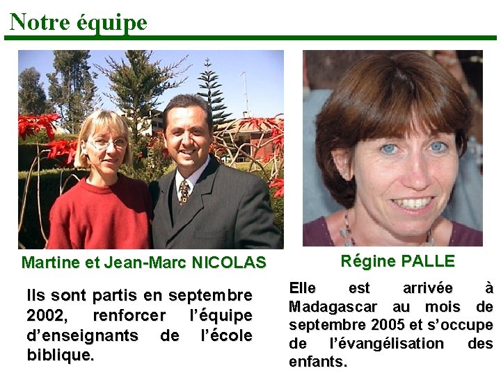 Notre équipe Martine et Jean-Marc NICOLAS Régine PALLE Ils sont partis en septembre 2002,