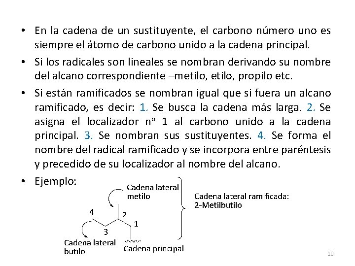 • En la cadena de un sustituyente, el carbono número uno es siempre • En la cadena de un sustituyente, el carbono número uno es siempre