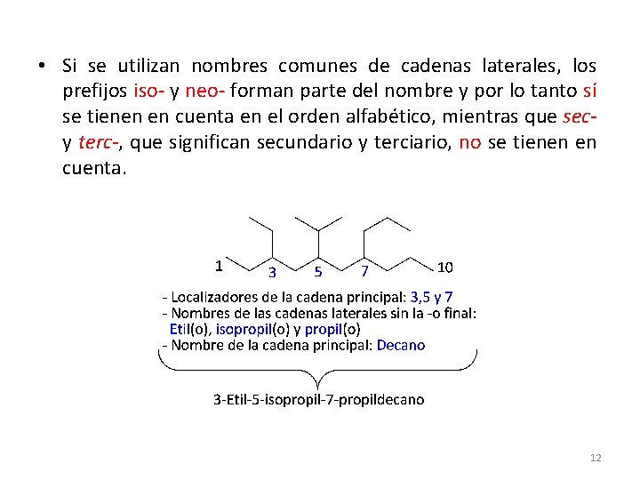 • Si se utilizan nombres comunes de cadenas laterales, los prefijos iso- y • Si se utilizan nombres comunes de cadenas laterales, los prefijos iso- y