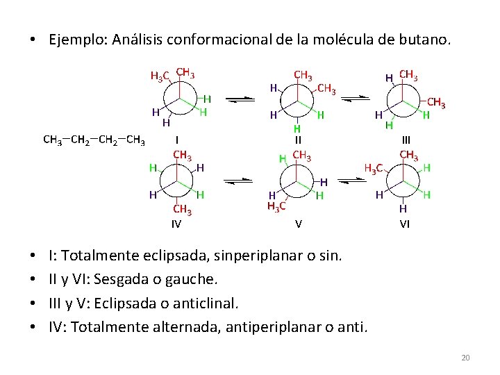 • Ejemplo: Análisis conformacional de la molécula de butano. • • I: Totalmente • Ejemplo: Análisis conformacional de la molécula de butano. • • I: Totalmente