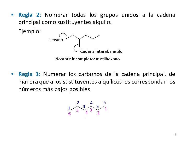 • Regla 2: Nombrar todos los grupos unidos a la cadena principal como • Regla 2: Nombrar todos los grupos unidos a la cadena principal como