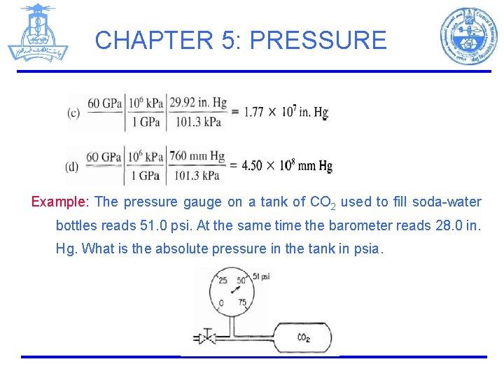 CHAPTER 5: PRESSURE Example: The pressure gauge on a tank of CO 2 used