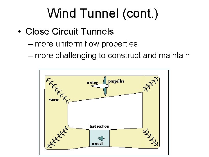 Wind Tunnel (cont. ) • Close Circuit Tunnels – more uniform flow properties –