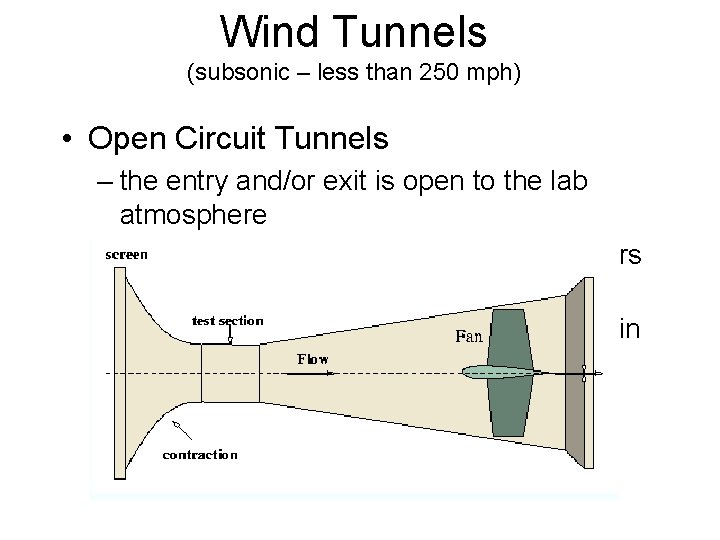 Wind Tunnels (subsonic – less than 250 mph) • Open Circuit Tunnels – the