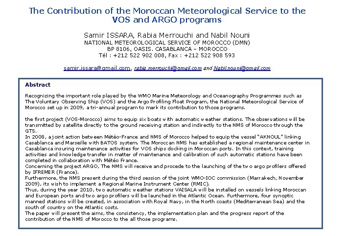 The Contribution of the Moroccan Meteorological Service to the VOS and ARGO programs     Samir