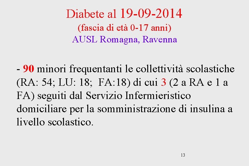 Diabete al 19 -09 -2014 (fascia di età 0 -17 anni) AUSL Romagna, Ravenna