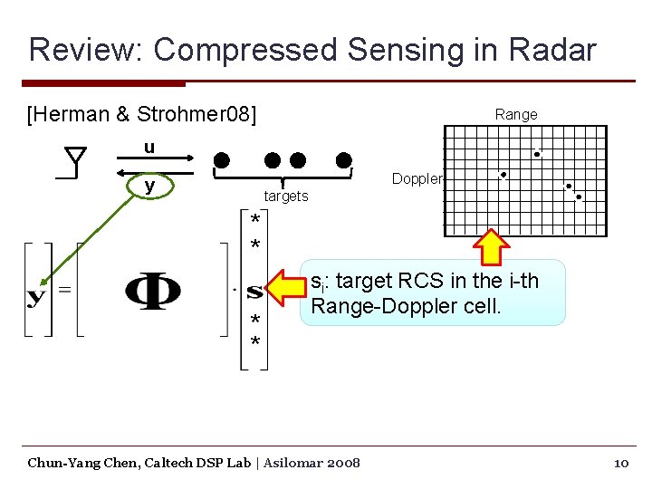 Review: Compressed Sensing in Radar [Herman & Strohmer 08] Range u Doppler y targets