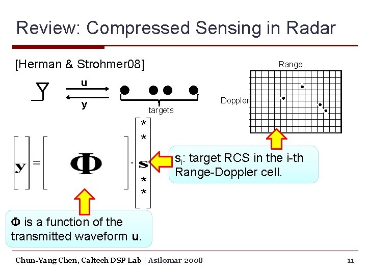 Review: Compressed Sensing in Radar [Herman & Strohmer 08] Range u Doppler y targets