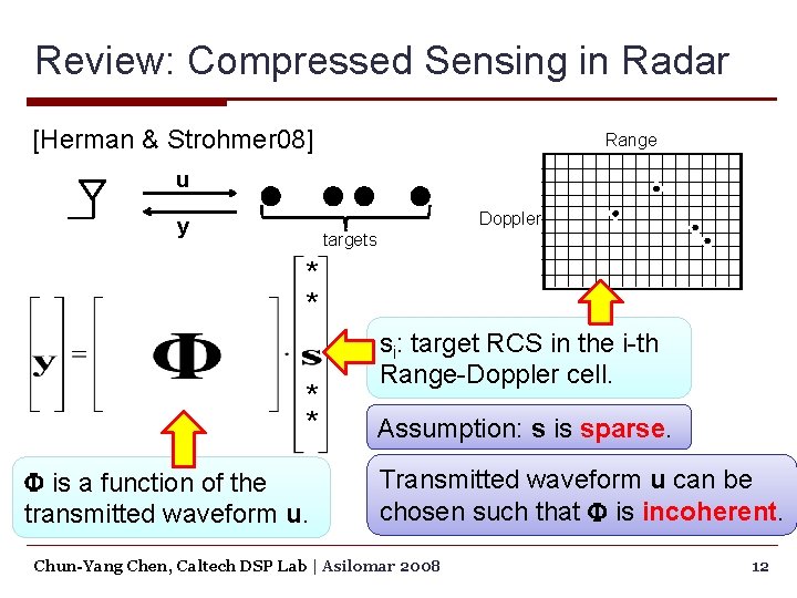Review: Compressed Sensing in Radar [Herman & Strohmer 08] Range u Doppler y targets