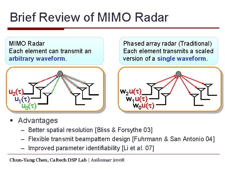 Brief Review of MIMO Radar Each element can transmit an arbitrary waveform. u 2(t)