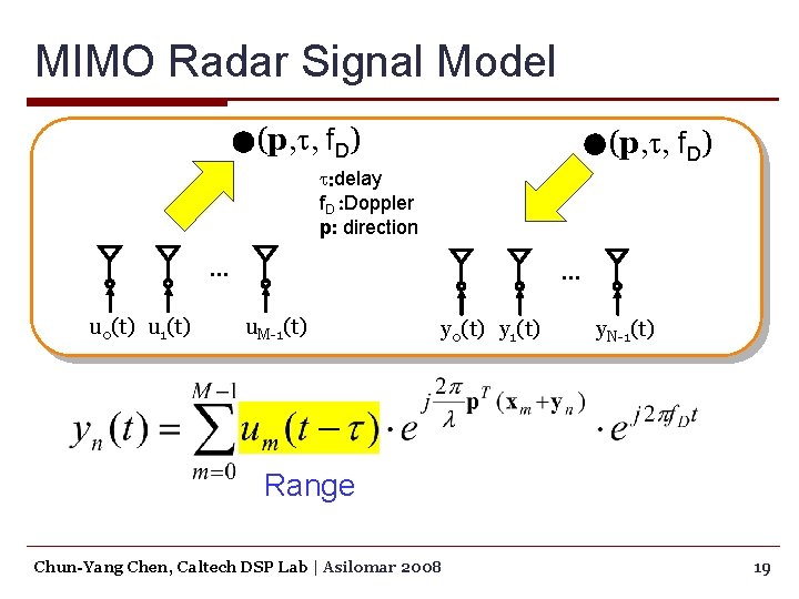 MIMO Radar Signal Model (p, t, f. D) t: delay f. D : Doppler