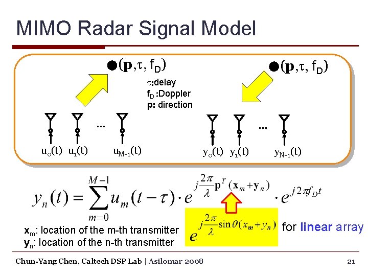 MIMO Radar Signal Model (p, t, f. D) t: delay f. D : Doppler