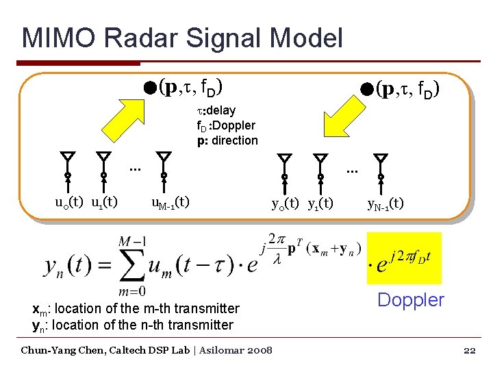 MIMO Radar Signal Model (p, t, f. D) t: delay f. D : Doppler