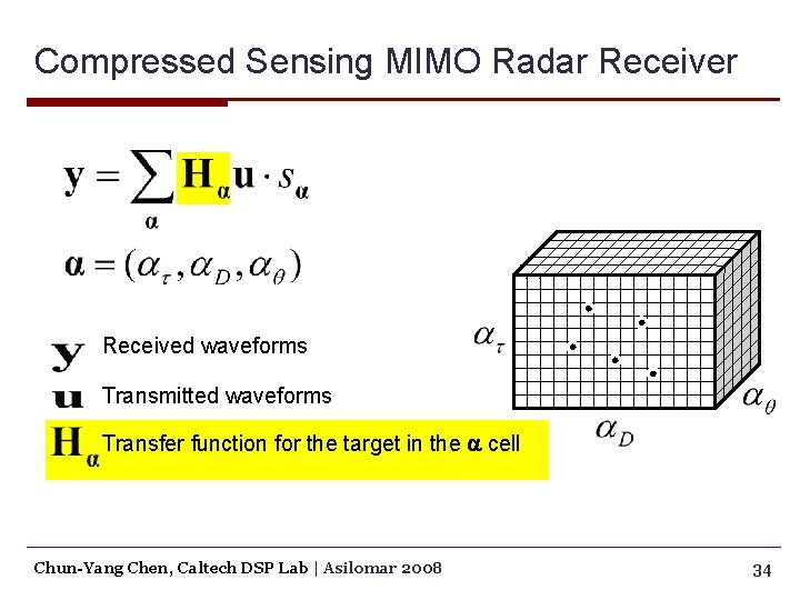 Compressed Sensing MIMO Radar Received waveforms Transmitted waveforms Transfer function for the target in