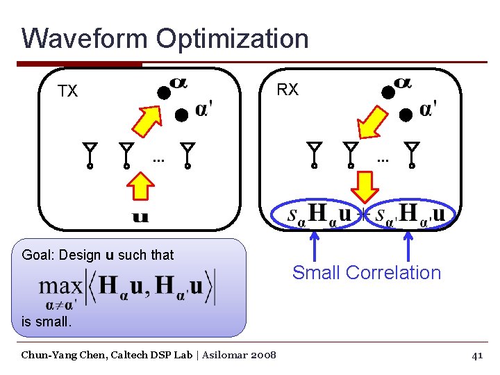Waveform Optimization RX TX … Goal: Design u such that … Small Correlation is