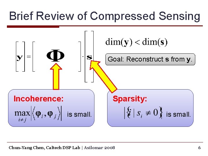 Brief Review of Compressed Sensing Goal: Reconstruct s from y. Incoherence: Sparsity: is small.