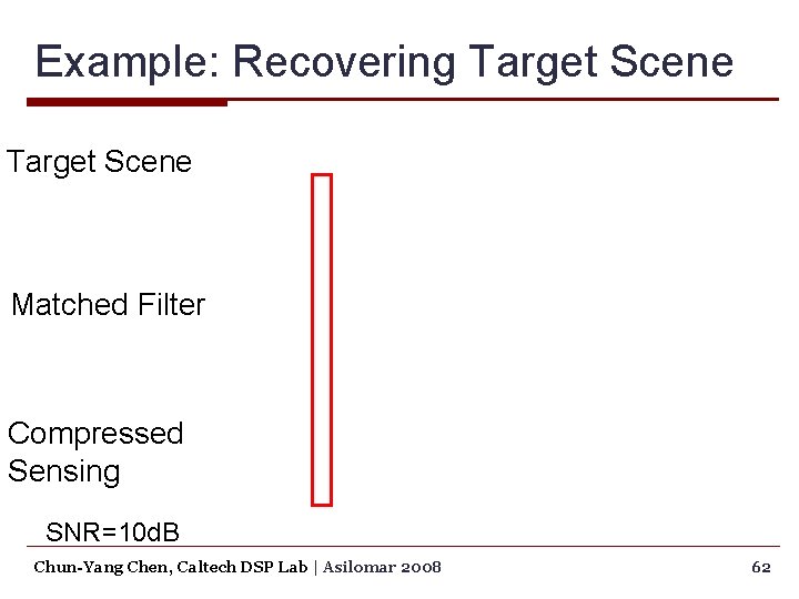 Example: Recovering Target Scene Matched Filter Compressed Sensing SNR=10 d. B Chun-Yang Chen, Caltech