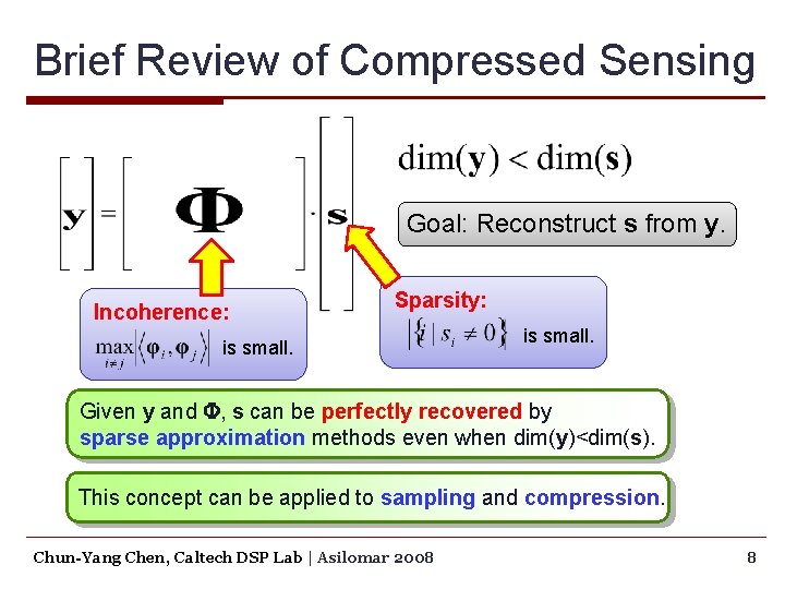 Brief Review of Compressed Sensing Goal: Reconstruct s from y. Incoherence: Sparsity: is small.