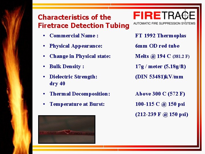 Characteristics of the Firetrace Detection Tubing • Commercial Name : FT 1992 Thermoplas •