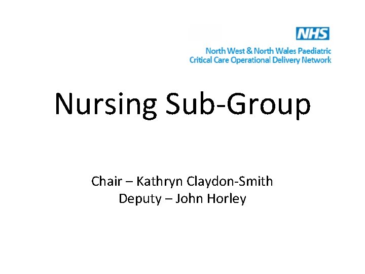 Nursing Sub-Group Chair – Kathryn Claydon-Smith Deputy – John Horley 
