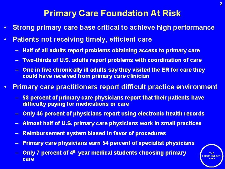 2 Primary Care Foundation At Risk • Strong primary care base critical to achieve