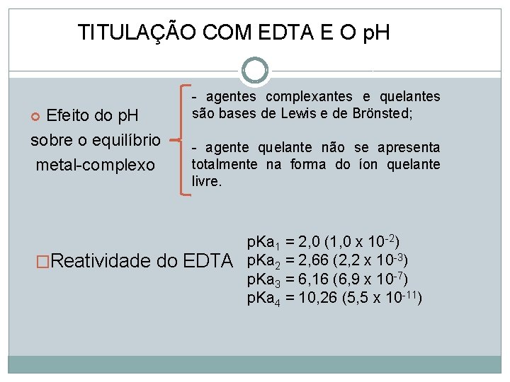 TITULAÇÃO COM EDTA E O p. H Efeito do p. H sobre o equilíbrio TITULAÇÃO COM EDTA E O p. H Efeito do p. H sobre o equilíbrio