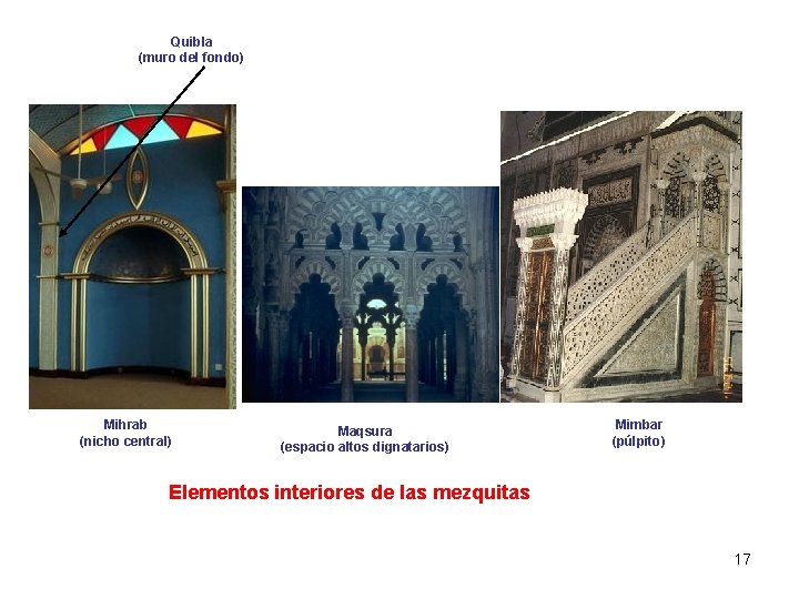 Quibla (muro del fondo) Mihrab (nicho central) Maqsura (espacio altos dignatarios) Mimbar (púlpito) Elementos