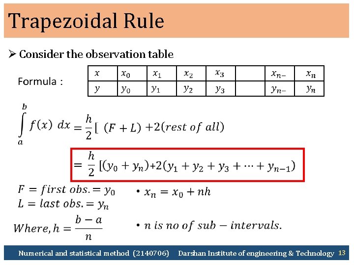 Trapezoidal Rule Ø Consider the observation table Numerical and statistical method (2140706) Darshan Institute