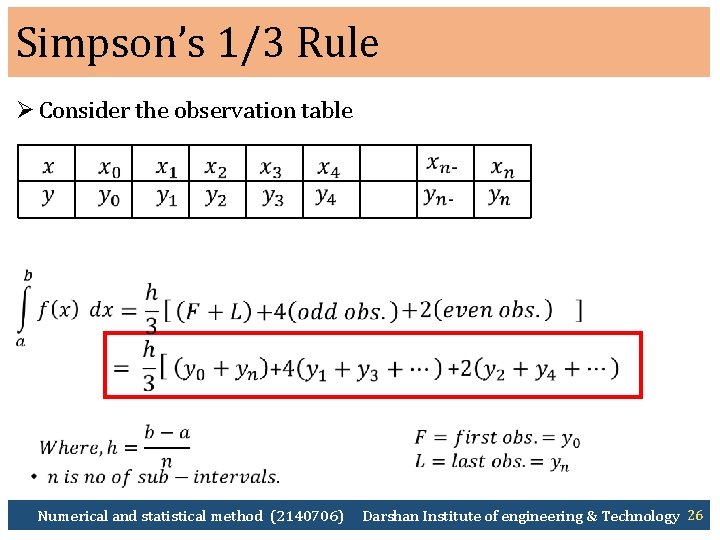 Simpson’s 1/3 Rule Ø Consider the observation table Numerical and statistical method (2140706) Darshan