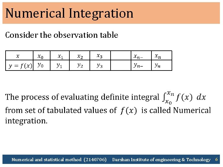 Numerical Integration Consider the observation table Numerical and statistical method (2140706) Darshan Institute of