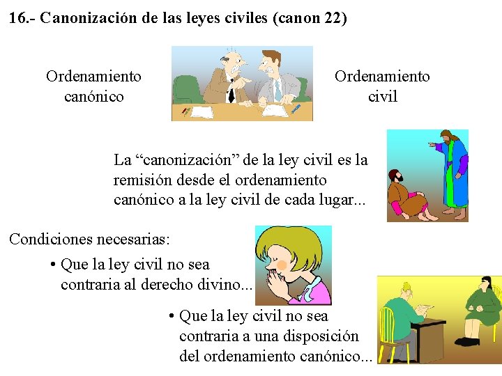16. - Canonización de las leyes civiles (canon 22) Ordenamiento canónico Ordenamiento civil La