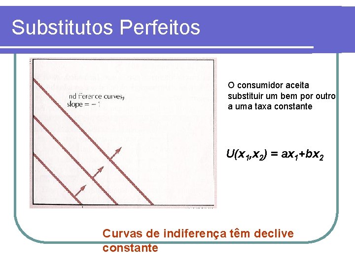 Substitutos Perfeitos O consumidor aceita substituir um bem por outro a uma taxa constante