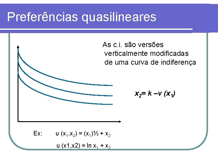 Preferências quasilineares As c. i. são versões verticalmente modificadas de uma curva de indiferença