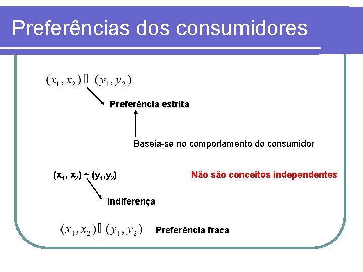 Preferências dos consumidores Preferência estrita Baseia-se no comportamento do consumidor (x 1, x 2)