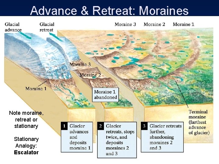 Advance & Retreat: Moraines Note moraine, retreat or stationary Stationary Analogy: Escalator 