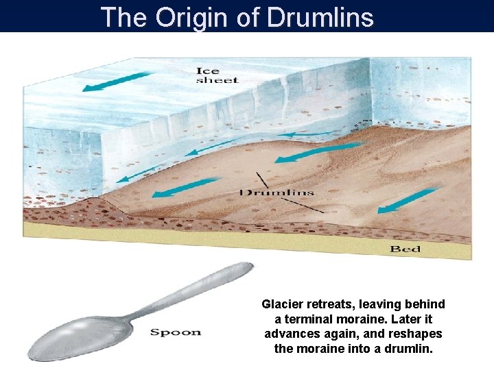 The Origin of Drumlins Glacier retreats, leaving behind a terminal moraine. Later it advances