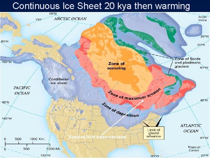 Continuous Ice Sheet 20 kya then warming Scoured 30 M below sea-level 