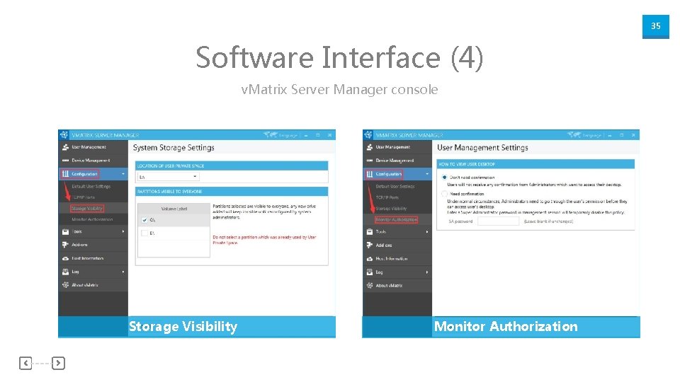 35 Software Interface (4) v. Matrix Server Manager console Storage Visibility Monitor Authorization 