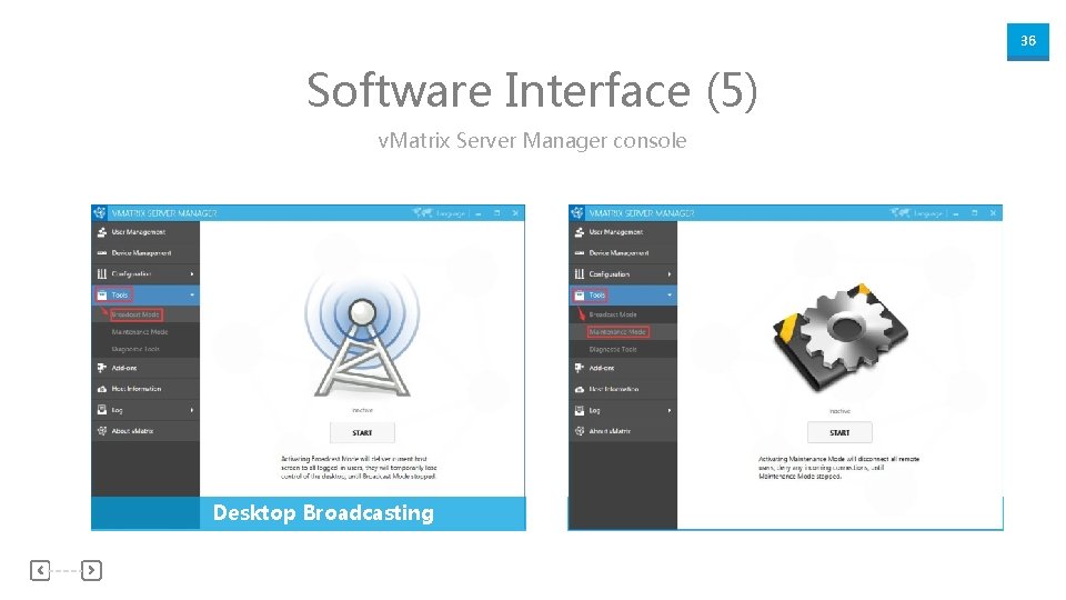 36 Software Interface (5) v. Matrix Server Manager console Desktop Broadcasting Maintenance 