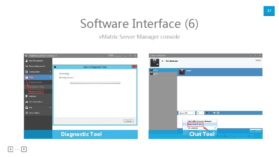 37 Software Interface (6) v. Matrix Server Manager console Diagnostic Tool Chat Tool 