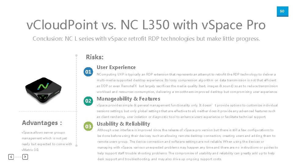 60 v. Cloud. Point vs. NC L 350 with v. Space Pro Conclusion: NC