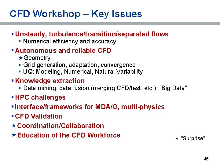 CFD Workshop – Key Issues § Unsteady, turbulence/transition/separated flows § Numerical efficiency and accuracy