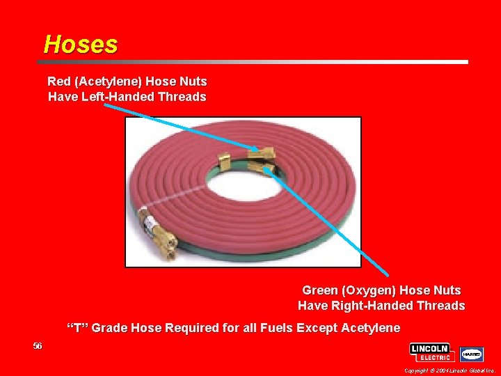 Hoses Red (Acetylene) Hose Nuts Have Left-Handed Threads Green (Oxygen) Hose Nuts Have Right-Handed Hoses Red (Acetylene) Hose Nuts Have Left-Handed Threads Green (Oxygen) Hose Nuts Have Right-Handed