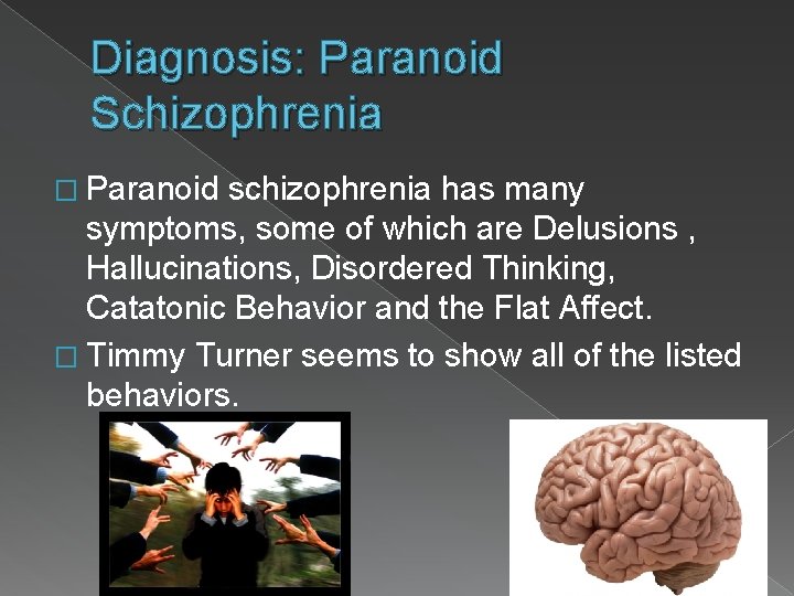 Diagnosis: Paranoid Schizophrenia � Paranoid schizophrenia has many symptoms, some of which are Delusions