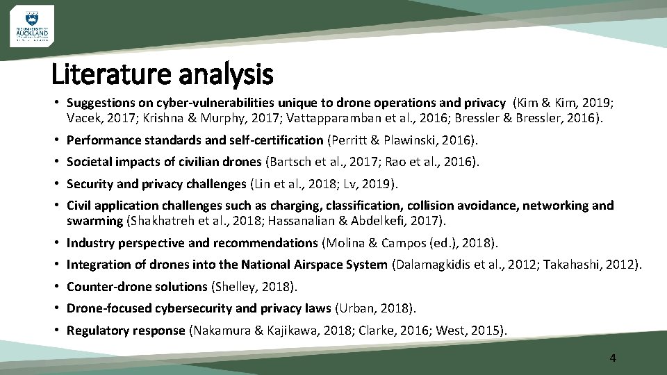 Literature analysis • Suggestions on cyber-vulnerabilities unique to drone operations and privacy (Kim &