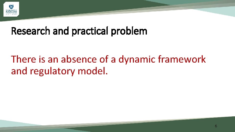 Research and practical problem There is an absence of a dynamic framework and regulatory